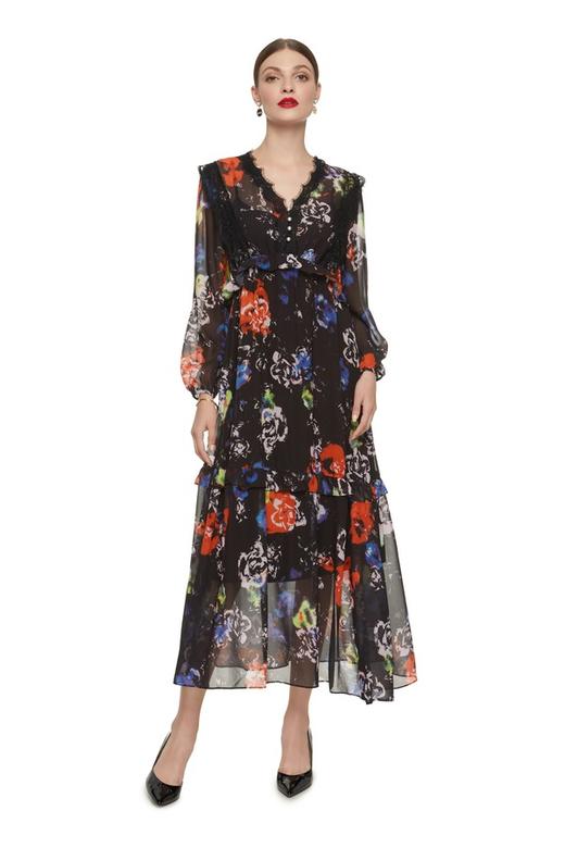 SUMMER & SAGE 黑色印花雪纺连衣裙 7316 商品图0