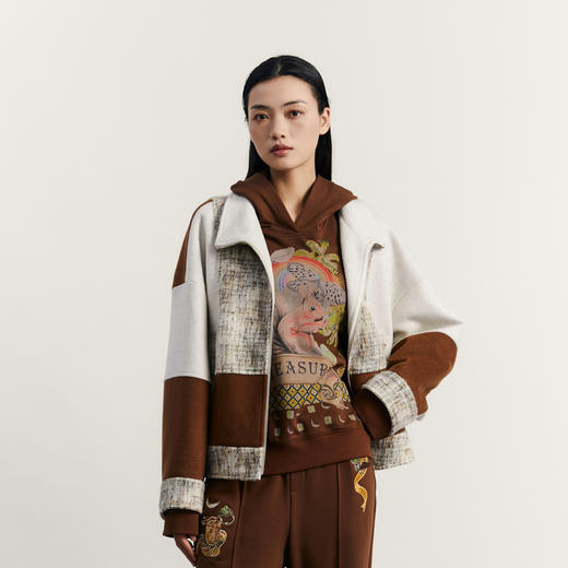 谜底拼接外套长袖2023秋新款时髦百搭立领短款毛呢大衣233MD1087 商品图0