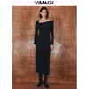 VIMAGE纬漫纪秋季新款不对称露肩长袖黑色连衣裙V2077602 商品缩略图0