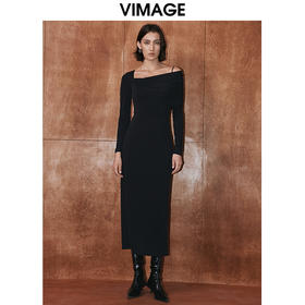 VIMAGE纬漫纪秋季新款不对称露肩长袖黑色连衣裙V2077602