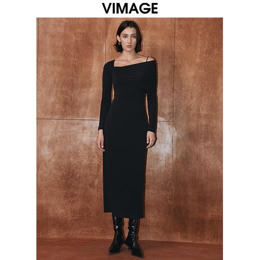 VIMAGE纬漫纪秋季新款不对称露肩长袖黑色连衣裙V2077602 商品图0