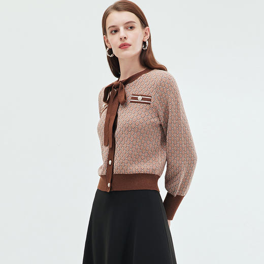 EITIE爱特爱气质小香风飘带复古灯笼袖宽松格纹针织衫秋季新款C016 商品图3