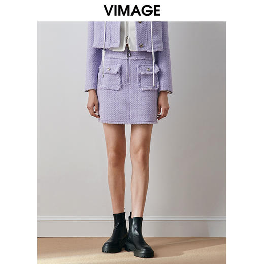 VIMAGE纬漫纪秋季新款高腰拉链带口袋设计小香风半裙V2006613 商品图0