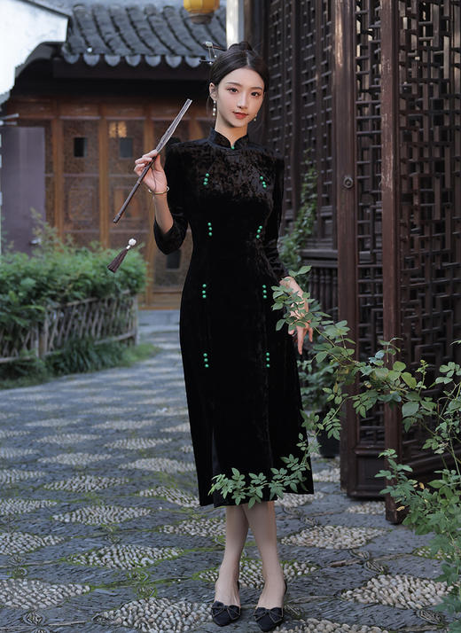 丝绒改良前开叉，日常遮肉七分袖新中式旗袍XL-23267 商品图3