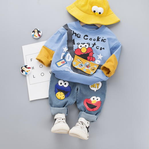 【2023春秋新款！圆领休闲卫衣套装】芝麻街童装男童套装，儿童休闲拼接假两件，圆领休闲卫衣两件套-QQ 商品图0