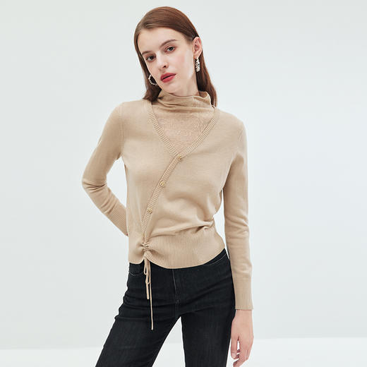 EITIE爱特爱时尚通勤假两件高领保暖舒适纯色抽绳针织衫秋新款C2301234 商品图3