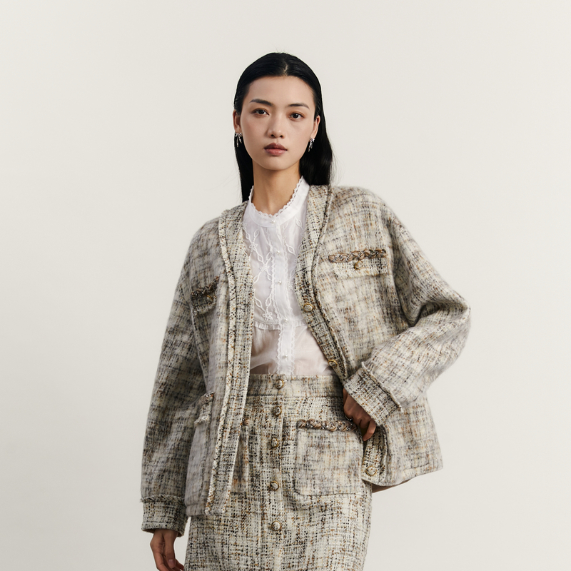 谜底粗花呢外套女2023秋新款复古文艺短款小香风羊毛呢233MD1086