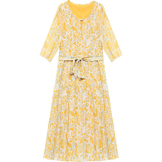 OMS-OSB305-L 2023年秋款印花中长款系带收腰时尚雪纺裙圆领五分袖气质连衣裙 商品图4