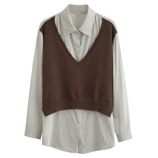 【秋冬复古文艺假两件】条纹拼接长袖打底宽松衬衫 POLO领拼接设计 商品图4