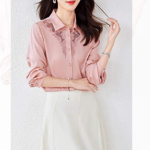TC7980粉色真丝衬衫女2023春秋新款长袖上衣时尚刺绣桑蚕丝翻领气质衬衣 商品图4