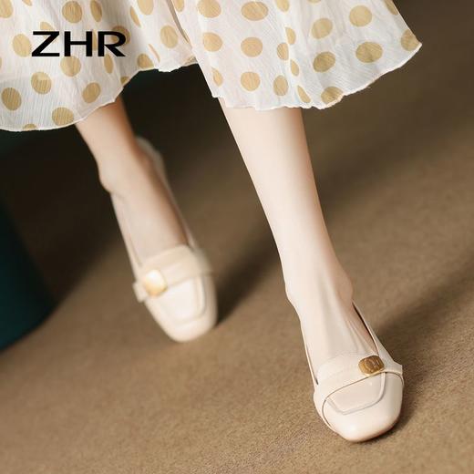 ZHR小香风粗跟单鞋2023新款复古金属扣方头玛丽珍小皮鞋ins一脚蹬 商品图8