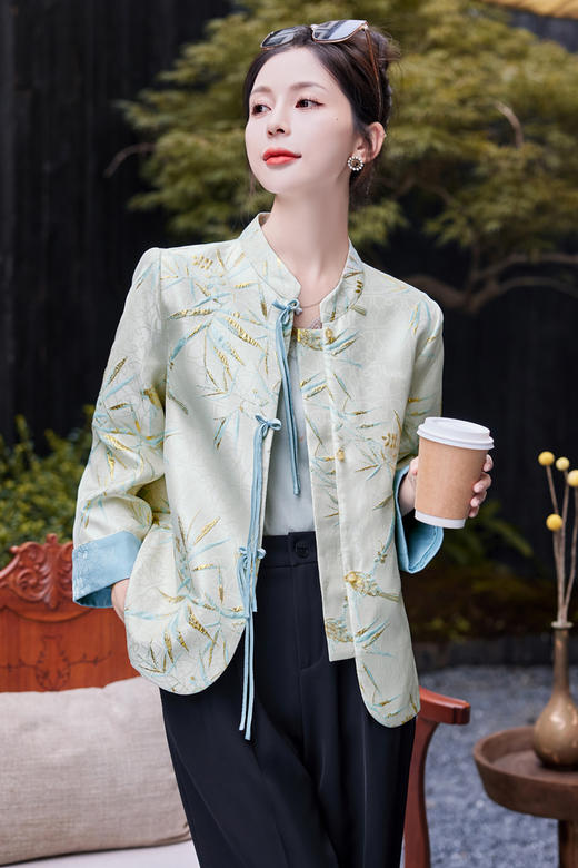 优雅复古风，提花烫金竹叶花短外套女HR-SYY2361-2 商品图9