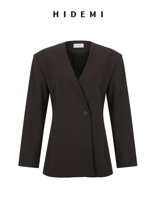 HIDEMI 极简无领设计感收腰立体剪裁一粒扣西装 黑色/深棕色 商品图12