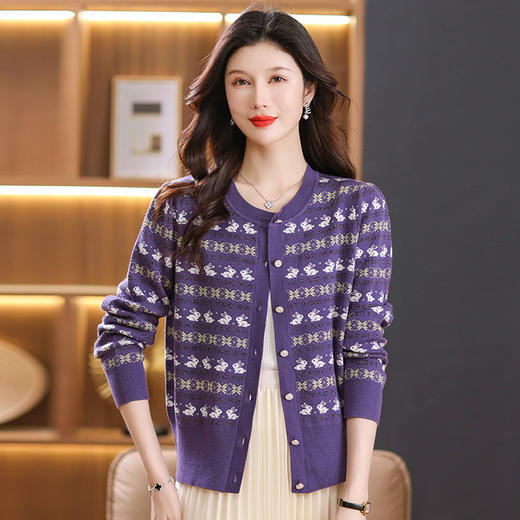 QYSJ23810 2023针织开衫秋季女装菱形纹兔子外搭毛衣V领长袖外穿外套 商品图3