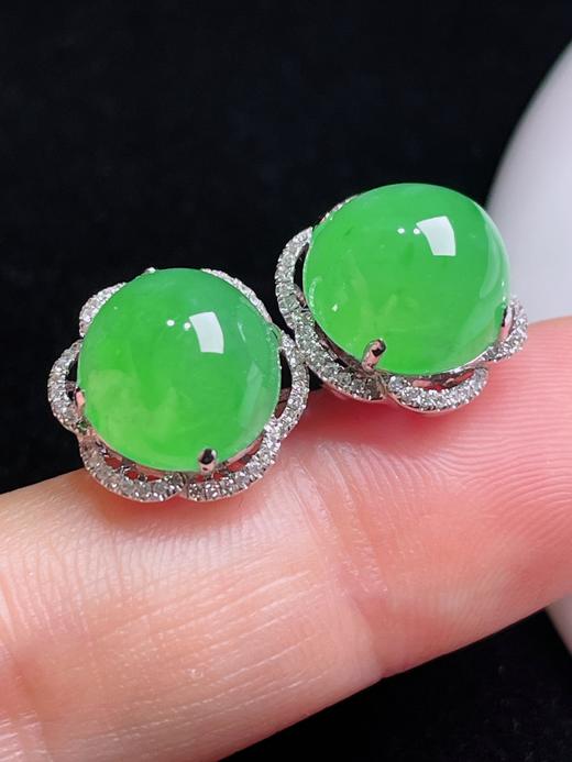 497142 翡翠18K老坑阳绿蛋面耳钉  饱满细腻，款式精美 裸石尺寸：9.4/10.2mm（含金厚） 超值价💰8580 商品图4