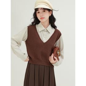 【秋冬复古文艺假两件】条纹拼接长袖打底宽松衬衫 POLO领拼接设计