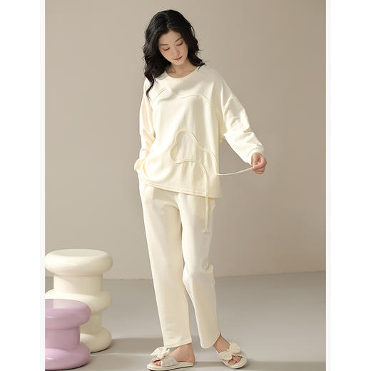 可人儿春秋季柔软棉睡衣女韩版圆领高级感长袖可外穿秋款家居服套装 商品图3