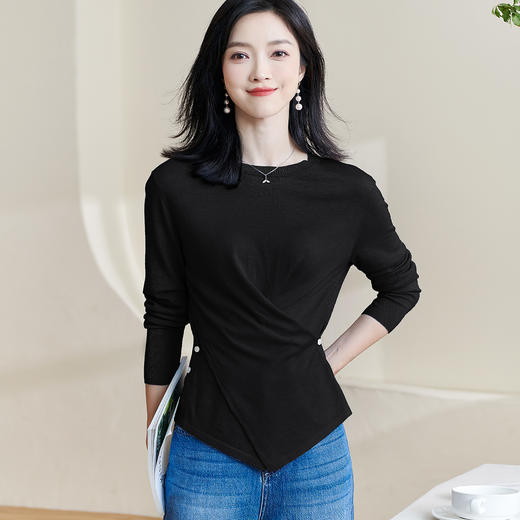 【羊毛设计感针织衫】米思阳2026春季新款时尚设计感纯色针织衫圆领长袖羊毛上衣女2372 商品图0