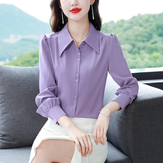 KQL-E261N2184秋装新款翻领纯色雪纺衫衬衣宽松时尚百搭气质显瘦小衫长袖女 商品图1