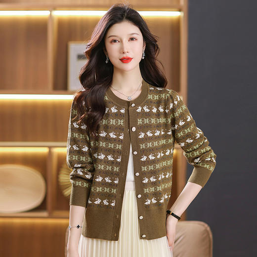 QYSJ23810 2023针织开衫秋季女装菱形纹兔子外搭毛衣V领长袖外穿外套 商品图2