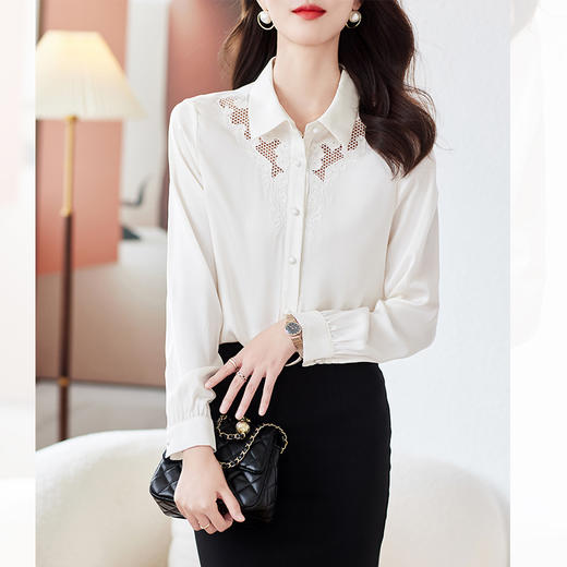 TC7980粉色真丝衬衫女2023春秋新款长袖上衣时尚刺绣桑蚕丝翻领气质衬衣 商品图1