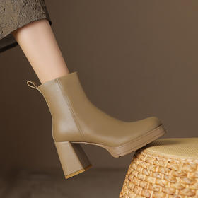 头层皮极简防水台，厚底高跟短靴YDE-690