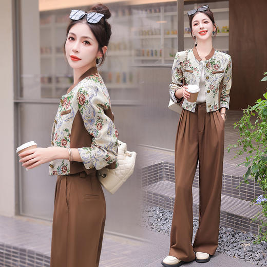 秋季新款，小香复古短外套+高腰垂感拖地裤两件套HR-YJLY8017 商品图0