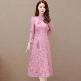 蕾丝网纱连衣裙，复古改良旗袍裙QYM-KED-H1285-Y