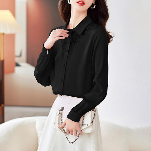 TC7980粉色真丝衬衫女2023春秋新款长袖上衣时尚刺绣桑蚕丝翻领气质衬衣 商品图3