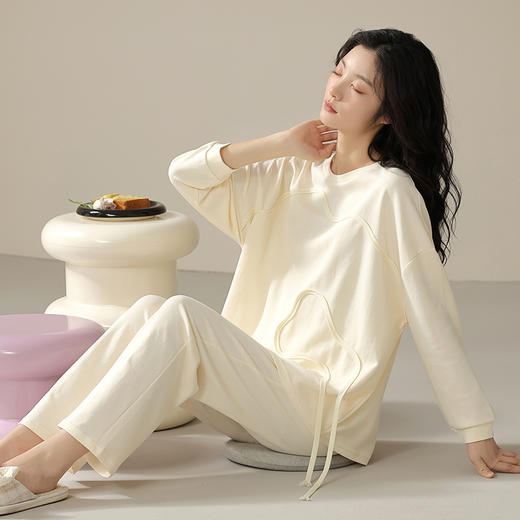 可人儿春秋季柔软棉睡衣女韩版圆领高级感长袖可外穿秋款家居服套装 商品图1