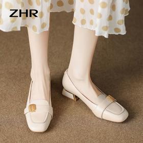 ZHR小香风粗跟单鞋2023新款复古金属扣方头玛丽珍小皮鞋ins一脚蹬