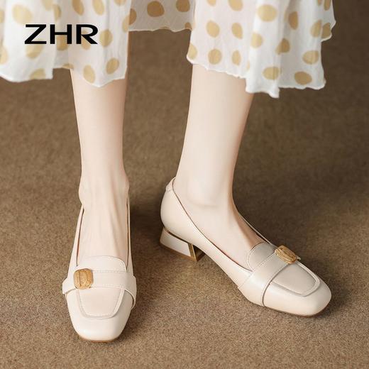 ZHR小香风粗跟单鞋2023新款复古金属扣方头玛丽珍小皮鞋ins一脚蹬 商品图0