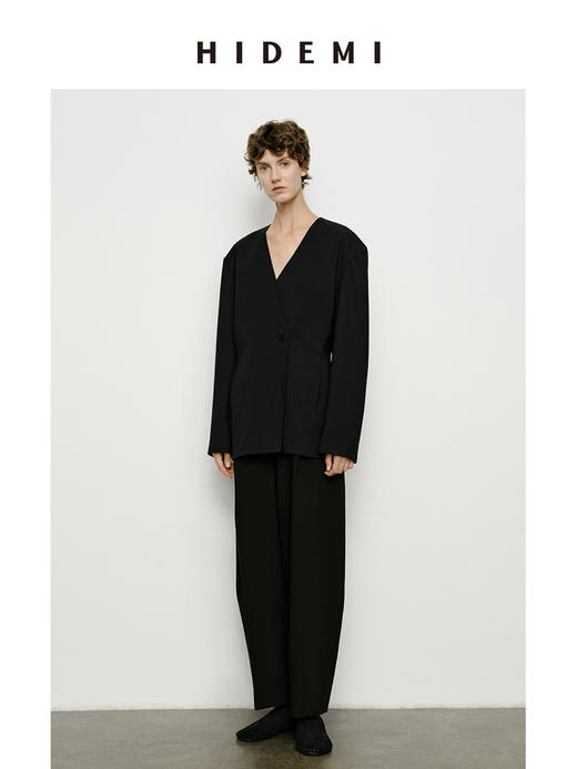 HIDEMI 极简无领设计感收腰立体剪裁一粒扣西装 黑色/深棕色 商品图9