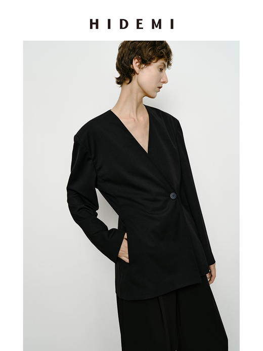 HIDEMI 极简无领设计感收腰立体剪裁一粒扣西装 黑色/深棕色 商品图4