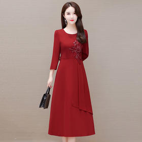 红色刺锈花朵连衣裙，礼服裙中长款时尚气质女装A字裙QYM-TYH-231303 -Y