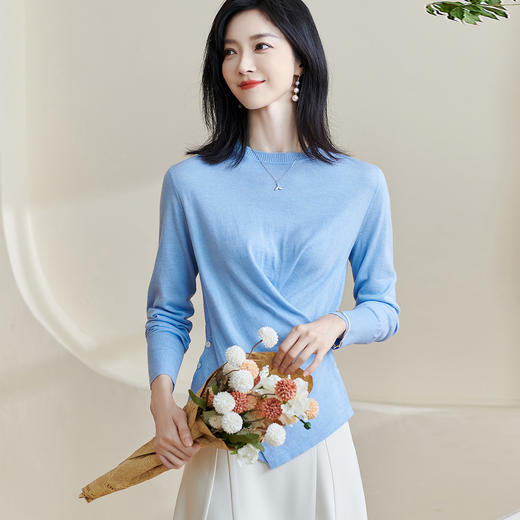 【羊毛设计感针织衫】米思阳2026春季新款时尚设计感纯色针织衫圆领长袖羊毛上衣女2372 商品图1