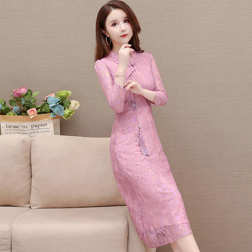 蕾丝网纱连衣裙，复古改良旗袍裙QYM-KED-H1285-Y 商品图1