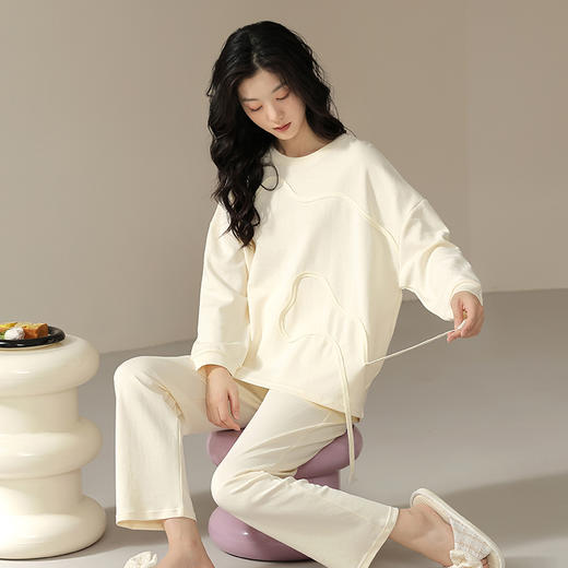 可人儿春秋季柔软棉睡衣女韩版圆领高级感长袖可外穿秋款家居服套装 商品图0