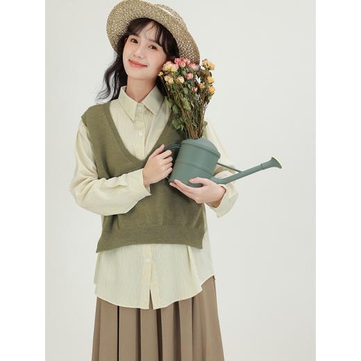 【秋冬复古文艺假两件】条纹拼接长袖打底宽松衬衫 POLO领拼接设计 商品图3