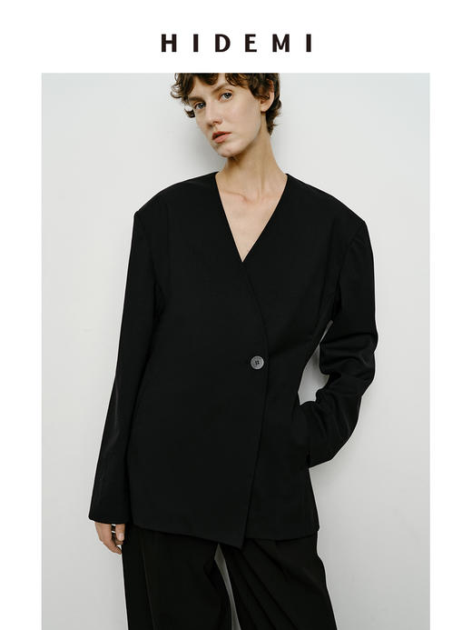HIDEMI 极简无领设计感收腰立体剪裁一粒扣西装 黑色/深棕色 商品图6