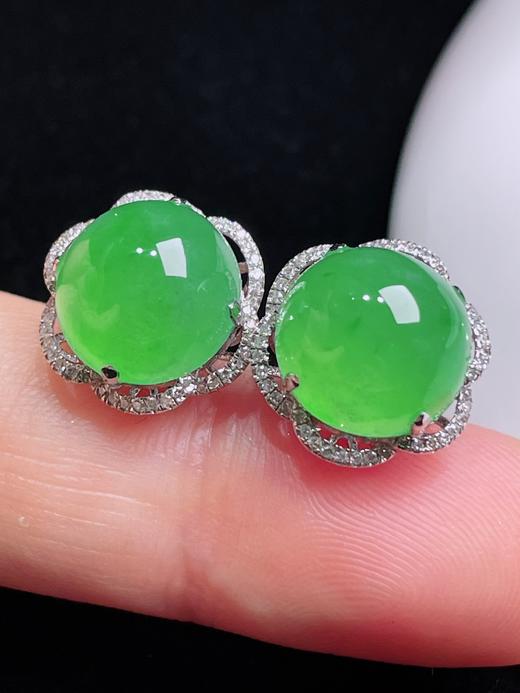 497142 翡翠18K老坑阳绿蛋面耳钉  饱满细腻，款式精美 裸石尺寸：9.4/10.2mm（含金厚） 超值价💰8580 商品图3