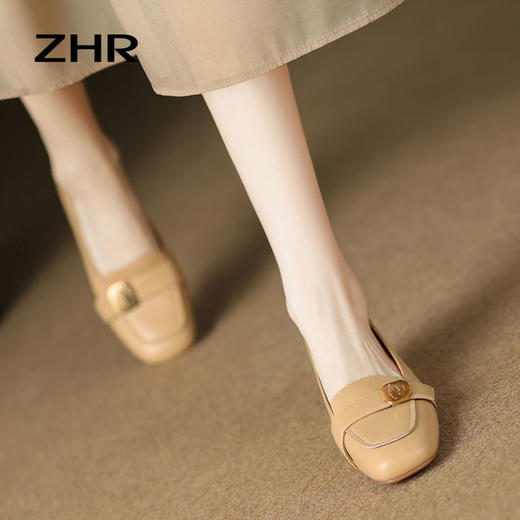 ZHR小香风粗跟单鞋2023新款复古金属扣方头玛丽珍小皮鞋ins一脚蹬 商品图5