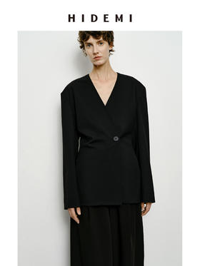 HIDEMI 极简无领设计感收腰立体剪裁一粒扣西装 黑色/深棕色