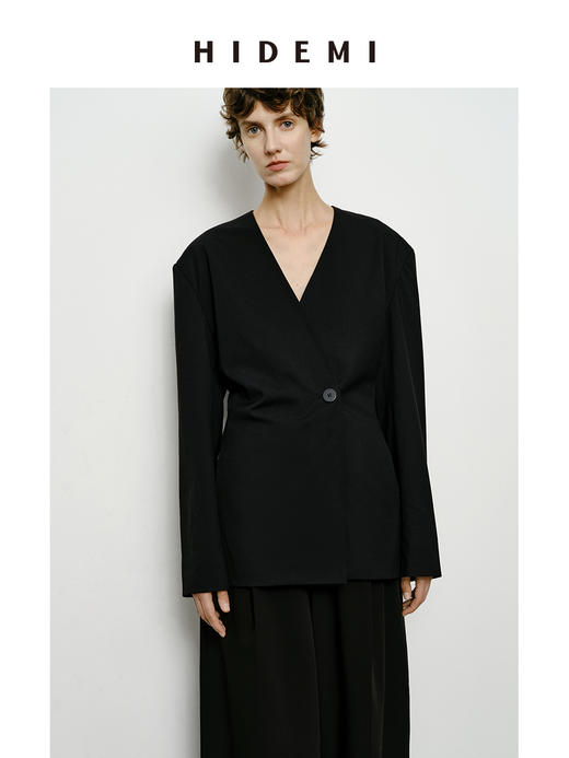HIDEMI 极简无领设计感收腰立体剪裁一粒扣西装 黑色/深棕色 商品图0