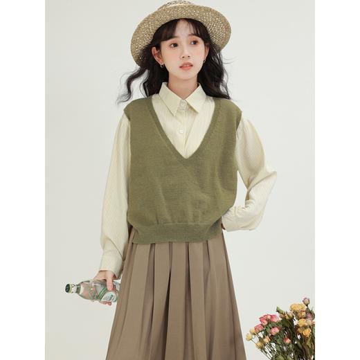 【秋冬复古文艺假两件】条纹拼接长袖打底宽松衬衫 POLO领拼接设计 商品图1