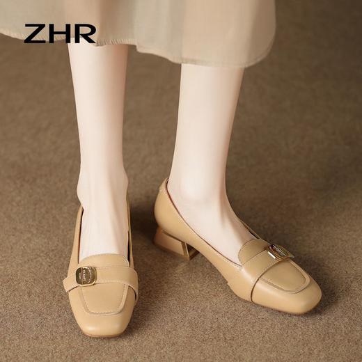 ZHR小香风粗跟单鞋2023新款复古金属扣方头玛丽珍小皮鞋ins一脚蹬 商品图7