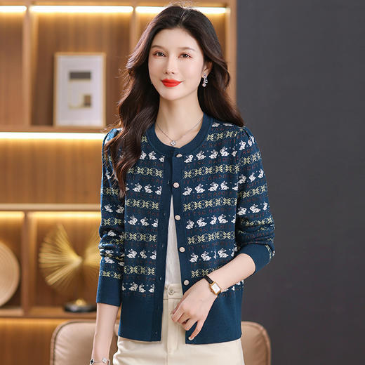 QYSJ23810 2023针织开衫秋季女装菱形纹兔子外搭毛衣V领长袖外穿外套 商品图0