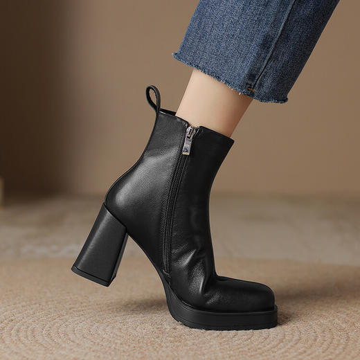 头层皮极简防水台，厚底高跟短靴YDE-690 商品图2