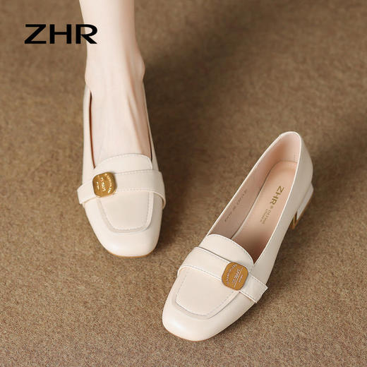 ZHR小香风粗跟单鞋2023新款复古金属扣方头玛丽珍小皮鞋ins一脚蹬 商品图2