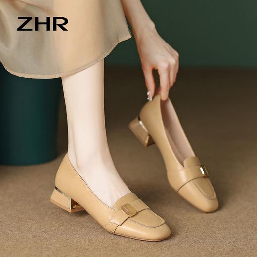 ZHR小香风粗跟单鞋2023新款复古金属扣方头玛丽珍小皮鞋ins一脚蹬 商品图6